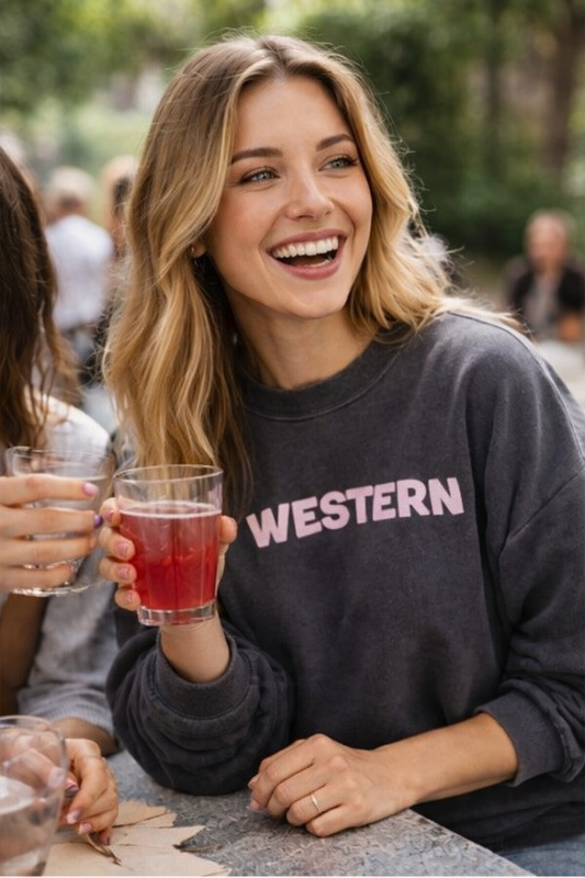 JP Western Oversize Crew-vintage Charcoal, raised soft pink lettering