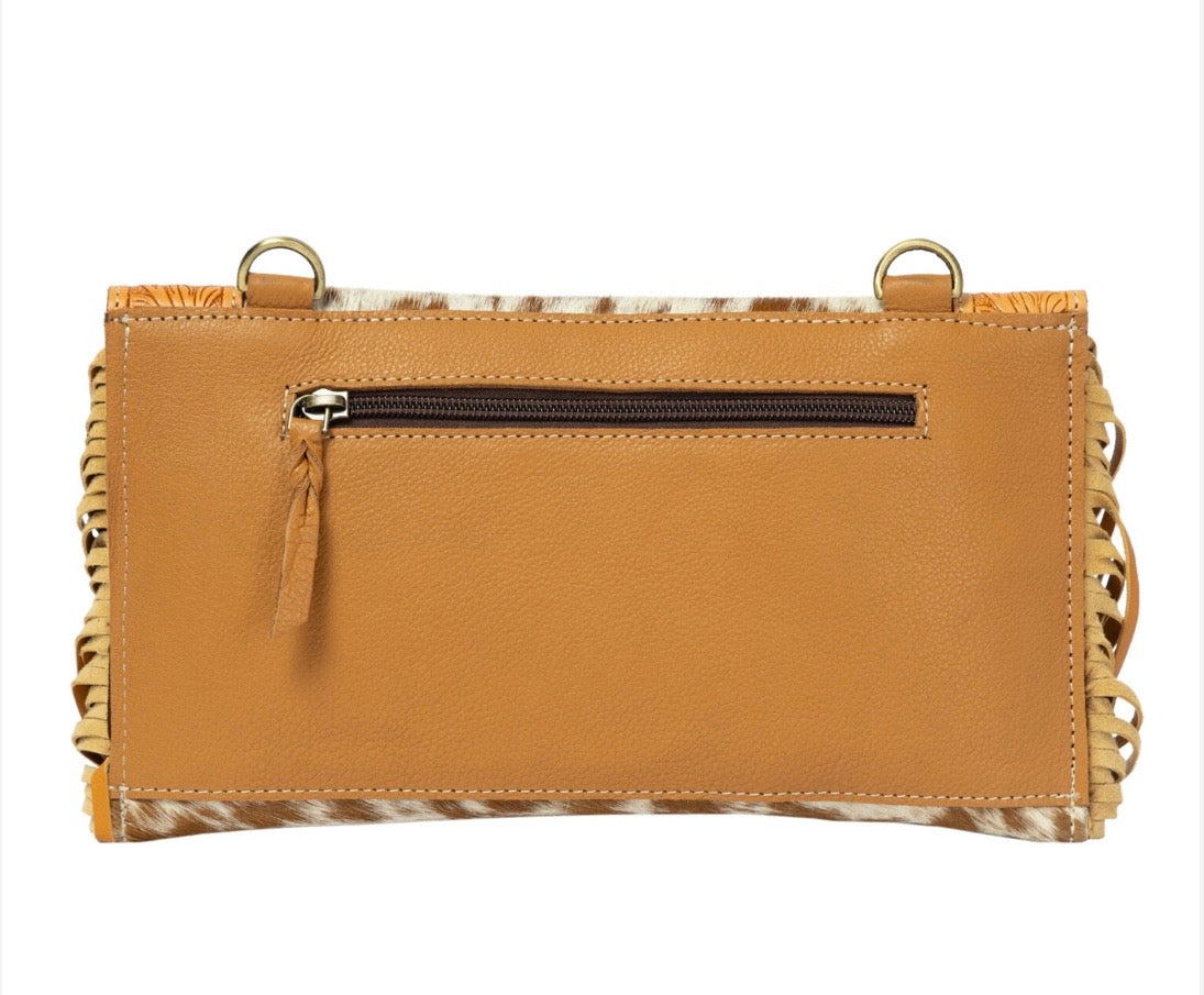 Cowhide tooled hand clutch bag